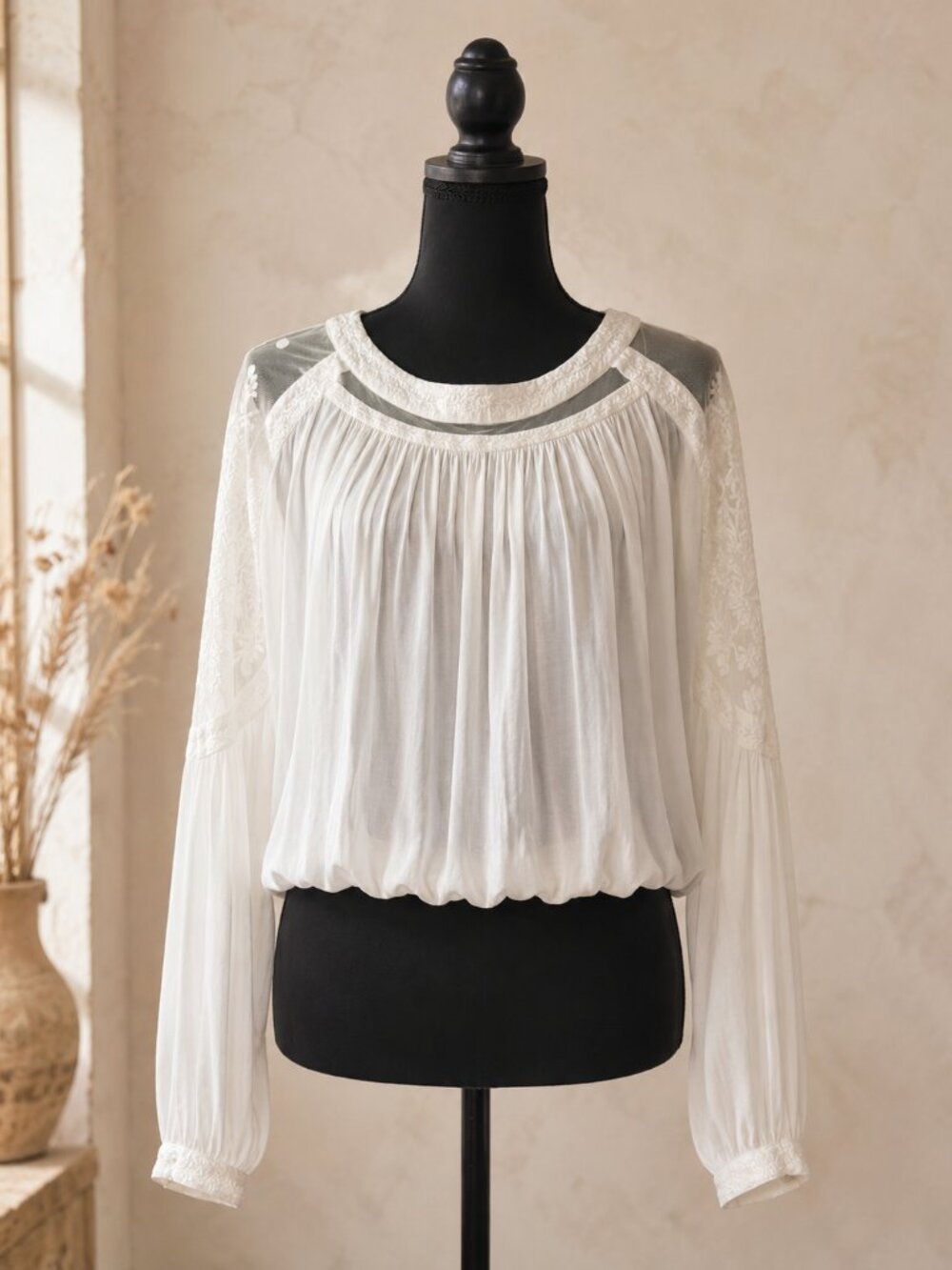 FREE PEOPLE XS white embroidered lace sheer romantic boho blouse
